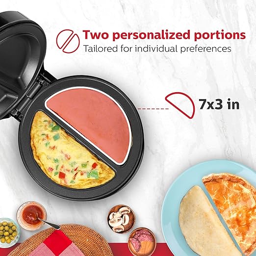 Holstein Housewares Stainless Steel 2 Section Omelet & Frittata Maker, Non Stick Coating, Easy To Clean, Indicator Lights, Compact Storage, Prepare Versatile Recipes in Minutes. 2 Portions, Black