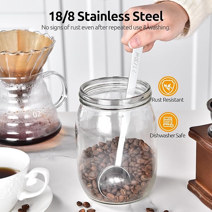 U-Taste Coffee Scoop 2 Tablespoon: 18/8 Stainless Steel Measuring Scooper for Ground Coffee, Bean, Powder, Espresso, 6.9in Long Handle Metal Meaure Spoon for Canister, Jar (2Tbsp/30ml, Silver)