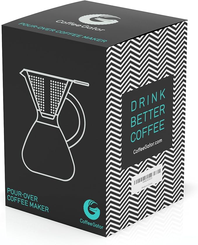 Coffee Gator Pour Over Coffee Maker - 27oz High Heat Borosilicate Glass with Reusable Stainless Steel Filter, Drip Coffee Brewer Dripper Set Carafe, 800ml Clear