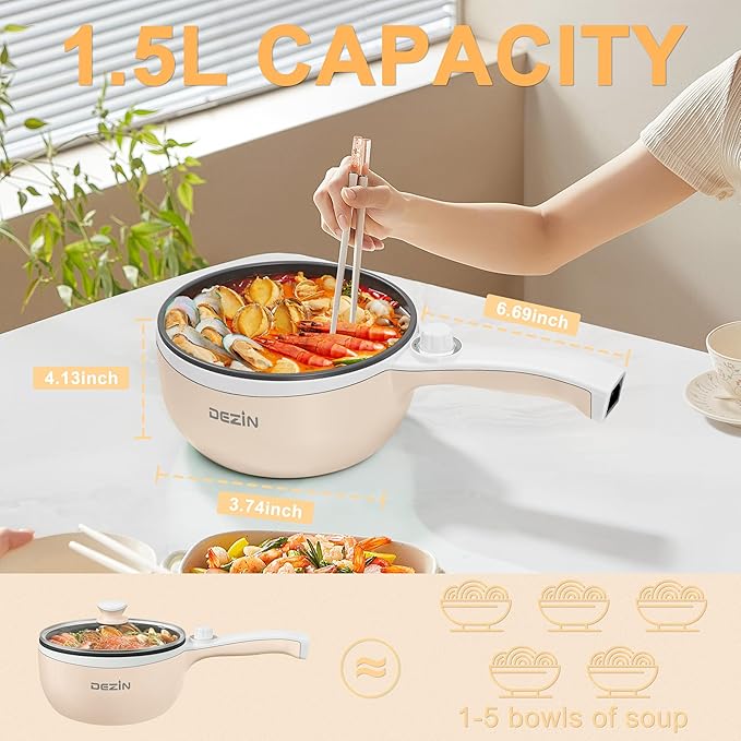 Dezin Hot Pot Electric Upgraded, Non-Stick Sauté Pan, Rapid Noodles Electric Pot, 1.5L Mini Portable Hot Pot for Steak, Egg, Fried Rice, Ramen, Oatmeal, Soup with Power Adjustment