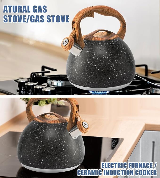 Whistling Tea Kettle Stovetop, Tea Pots for Stove Top Food Grade Stainless Steel with Wood Pattern Handle, 3.2Quart (Black)