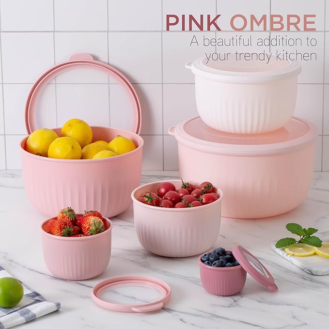 COOK WITH COLOR Prep Bowls with Lids- Wide and Deep Nesting Plastic Small Mixing Bowl Set with Lids, 12 Piece Set - Deep Bowls, Pink