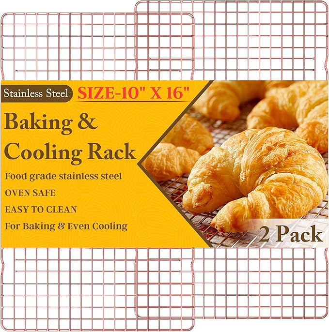 2PCS Cooling Racks for Cooking and Baking - 10" x 16"Heavy Duty Stainless Steel Wire Rack for Baking, Grilling, Roasting - Oven & Dishwasher Safe - Fits Half Sheet Pan（Rose Gold）