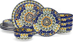 vancasso 12 Pieces Dinnerware Sets, Blue Plates and Bowls Set, Porcelain Dishes Set for 4, Microwave and Dishwasher Safe, Scratch Resistant, Bohemian Style Dining Ware Service for 4, Series SIMI
