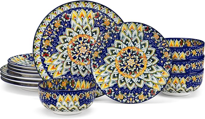 vancasso 12 Pieces Dinnerware Sets, Blue Plates and Bowls Set, Porcelain Dishes Set for 4, Microwave and Dishwasher Safe, Scratch Resistant, Bohemian Style Dining Ware Service for 4, Series SIMI