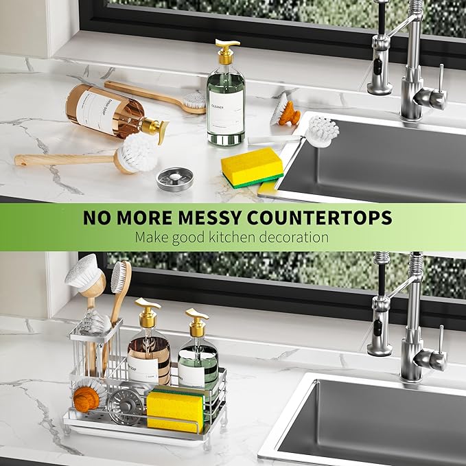 Cisily Stainless Steel Kitchen Sink Caddy Organizer, Sponge Holder for Sink Rustproof, Non-Slip Soap Dish Dispenser Brush Holder Storage, Home & Kitchen Essentials Accessories