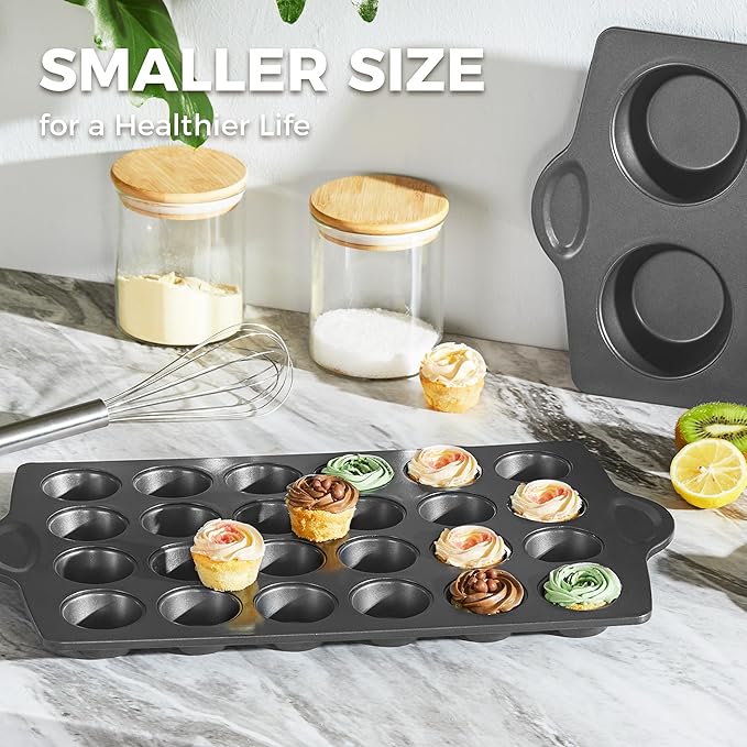HONGBAKE mini muffin pan nonstick 24, Cupcake Tin for Baking, Commercial Small Cup Cake Tray for Cheesecake, 1.8dia, Heavy-duty, Gray