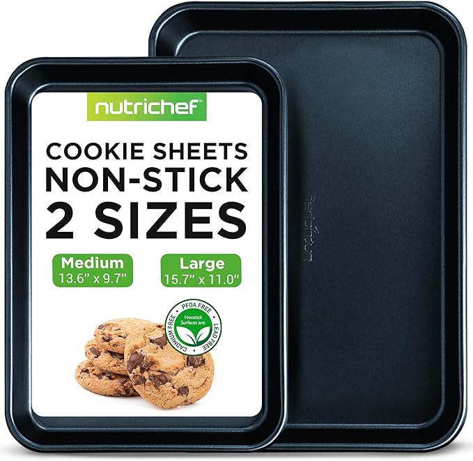 NutriChef 2-Piece Baking Sheet Non Stick - Premium Carbon Steel Cookie Sheets for Baking - Large and Medium Baking Trays for Oven - Blue Diamond
