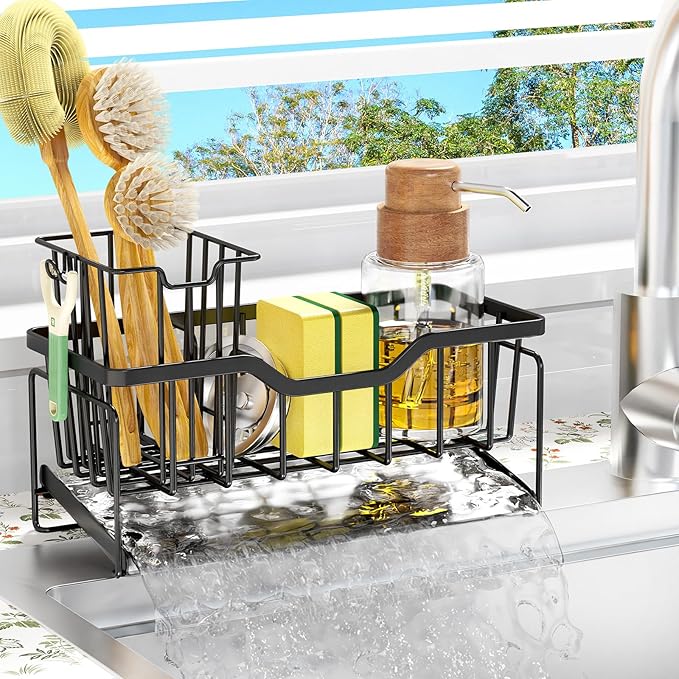 StorageRight Kitchen Sink Caddy Organizer, Rustproof Sponge Holder for Kitchen Sink, Instant Dry High Brush Holders with Drain Tray, Anti-Slip Storage Organization Essentials, Black