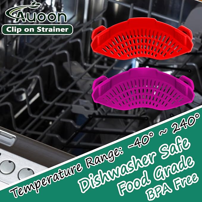 AUOON Clip On Strainer Silicone for All Pots and Pans, Pasta Strainer Clip on Food Strainer for Meat Vegetables Fruit Silicone Kitchen Colander (Purple)