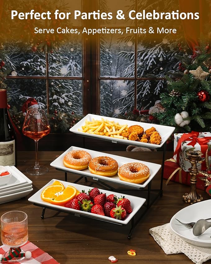 Yedio 3 Tier Serving Trays for Party, Porcelain Serving Platters and Trays, 12 Inch Tiered Tray Stand, Fruit Tray, Trays for Serving Food, White Dessert Stand with Collapsible Sturdier Metal Rack