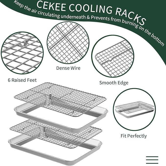 Jelly Roll Pan with Cooling Rack Set [2 Baking Pans + 2 Baking Racks], CEKEE Stainless Steel Baking Sheet Tray with Wire Rack Set, Commercial Quality, Rust Proof & Nonstick, Size 15.94 x 12 x 1 Inch