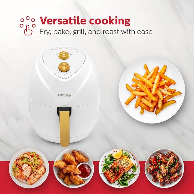 Holstein Housewares 4.8QT Air Fryer Golden Elegance. Hot Air Technology & PFOA Free Non Stick Coating for Less Oil Use with Led Display. No Pre Heating, Fry, Bake, Grill and Roast. White & Gold