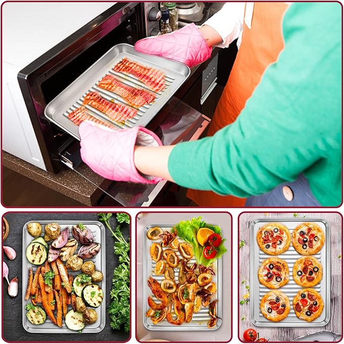 P&P CHEF 9 x 7 x 1 Inch Mini Toaster Oven Pan, Stainless Steel Small Baking Pan Oven Tray for Cooking & Roasting, Corrugated Bottom, Healthy & Sturdy, Dishwasher Safe - 1Pc