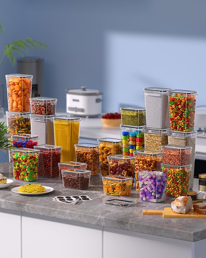 Airtight Food Storage Containers with Lids, 24 PCS Kitchen and Pantry Organization Canisters, BPA-Free, PVC-Free, Food-grade Plastic Leak-proof Jars for Cereal, Flour, Sugar, Extra 24 Labels & Marker