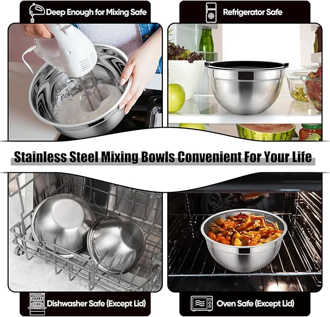 P&P CHEF Mixing Bowls with Airtight Lids Set of 5, 10-Piece Stainless Steel Mixing Nesting Bowl, Metal Bowl with Lid for Kitchen Prepping & Storing, Size 4.6, 3, 1.5, 1, 0.7 QT, Black