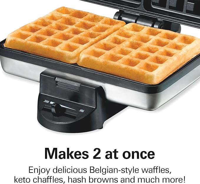 Hamilton Beach Belgian Mini Waffle Maker with Shade Control, Makes 2 at Once, Create Personalized Keto Chaffles and Hash Browns, PFAS-Free Non-Stick Plates, Compact Design, Stainless Steel (26009)
