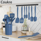 Coukre Silicone Kitchen Cooking Utensils Set with Holder – Heat-Resistant, Food-Grade Kitchen Tools, Spatula, Spoon & Gadgets for Non-Stick Pans, Dishwasher Safe (14, PureDarkBlue)