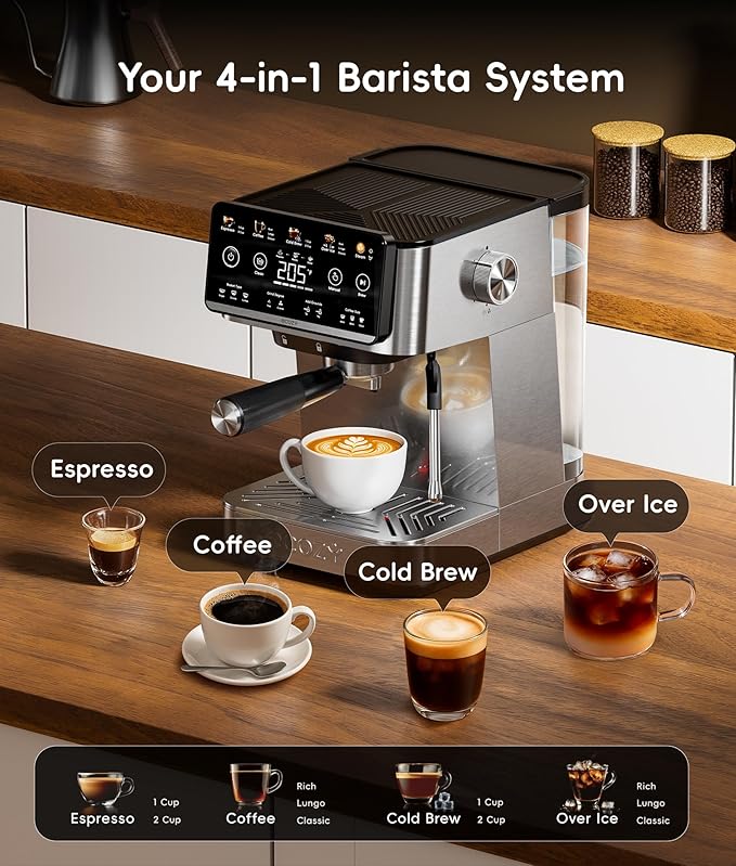 ecozy 4-in-1 Espresso Machine and Coffee Maker Combo with Milk Frother, Cold Brew & Over Ice, Interactive Touch Screen, Stainless Steel, Brezzano Elite Series for Cappuccinos, Lattes, Americanos
