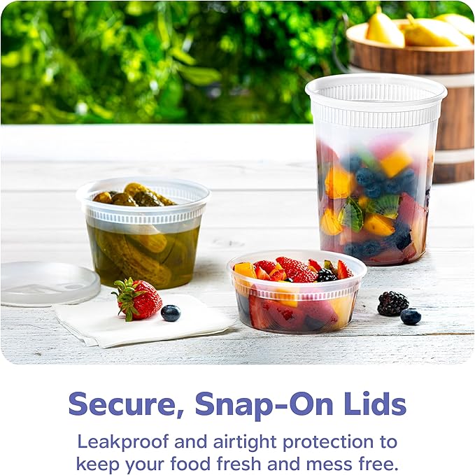 GUSTO To Go Food Containers with Lids [8 oz, 16 oz, 32 oz - 48 Count] - Deli Plastic Food Storage Containers with Lids for Meal Prep, Leftovers, and Freezer Storage - Formerly Comfy Package