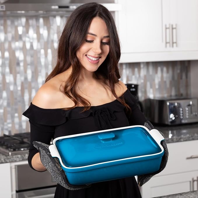 ROSSALLINI Stoneware Casserole Dish Bakeware Set with Lid, Covered Rectangular Dinnerware, Large 3.2 Quart, 11 by 9 Inch [Ocean Blue]