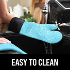 BPA-Free Soft Silicone Oven Mitts - Ultra Heat Resistant Oven Mitts with Thick Cotton Liner - Extra Long Slip Resistant Pot Holders, Flexible Oven Gloves - Aqua/Black 14.7"