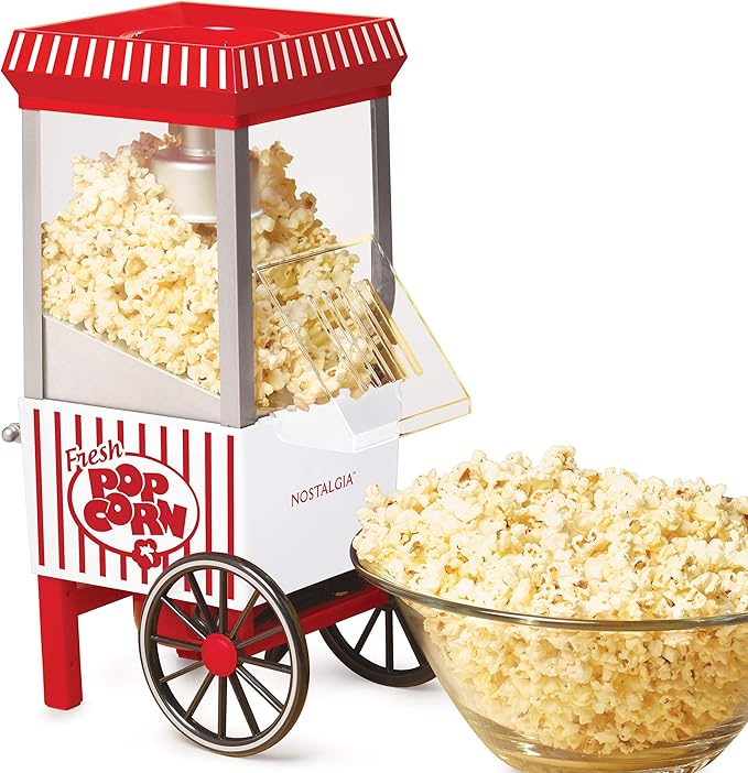 Nostalgia OFP521 Vintage Healthy Hot-Air Tabletop Popcorn Maker, Makes 12 Cups, With Kernel Measuring Scoop, Oil Free, Perfect for Birthday Parties, Movie Nights – Candy Stripe Red/White