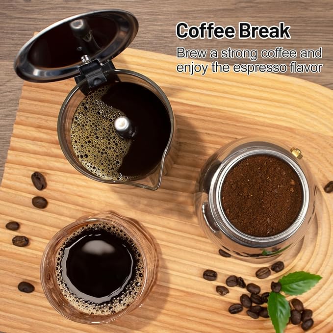 4 Cup Glass Clear Moka Pot Thickened 304 Stainless Steel Stovetop Espresso Maker Italian Coffee Machine 200ml 6.8oz Classic Mocha Cafe Greca Coffee Suitable for Gas Induction