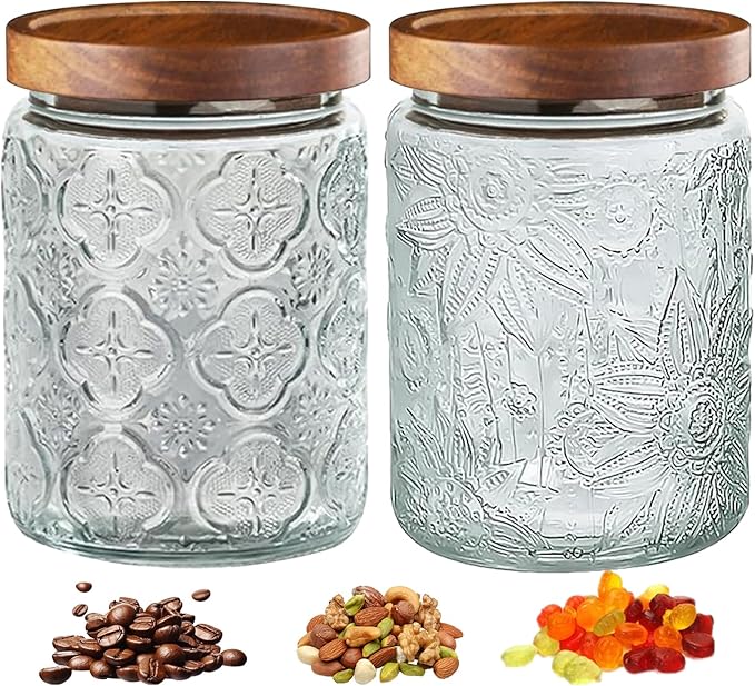 2-Pack 24 OZ Vintage Glass Jar with Lid, Airtight Food Storage Canisters with Bamboo for Kitchen Counter Pantry, Ideal for Coffee, Candy, Tea, Oats, Sugar, Cookies Decorative Jars