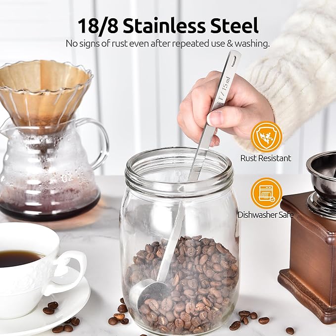 U-Taste Coffee Scoop 1&2 Tablespoon: 18/8 Stainless Steel Measuring Scooper for Ground Coffee, Bean, Powder, Espresso, 8.5in Long Handle Metal Meaure Spoon for Canister, Jar (1&2Tbsp/15&30ml, Silver)