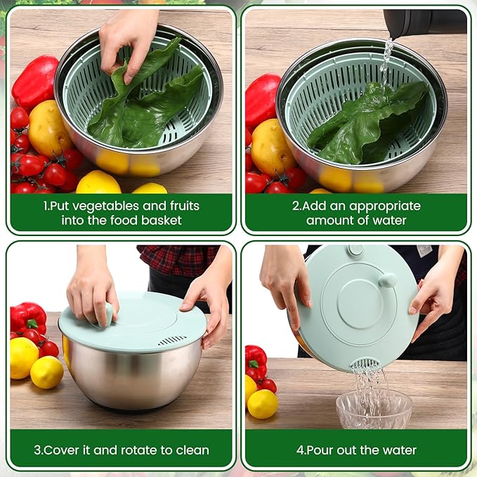LemonRoad Stainless Steel Salad Spinner Large, Vegetables Fruits Washing Bowl, Fruits Lettuce Dryer with 5 Blade Slicer Egg Yolk Strainer Shredder for Kitchen Efficient Salad Preparation, 5.3 Qt