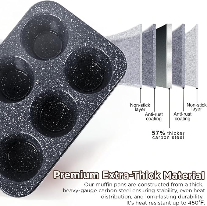 Non-Stick Popover Pans - 6-Cavity High Carbon Steel Tray Mold for Baking, Stainless Steel Jumbo Size for Premium Muffins, Homemade Cupcakes, Breads - Professional Bakery Kitchen Oven (Black)