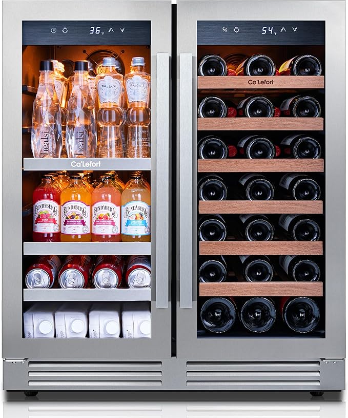 Ca'Lefort 30 Inch Wine and Beverage Refrigerator, 80 Can and 33 Bottle French Door Wine Refrigerator 36-72°F, 3 LED Wine Fridges with Glass Door, Built-in or Freestanding for Home/Kitchen (6.00 cu.ft)