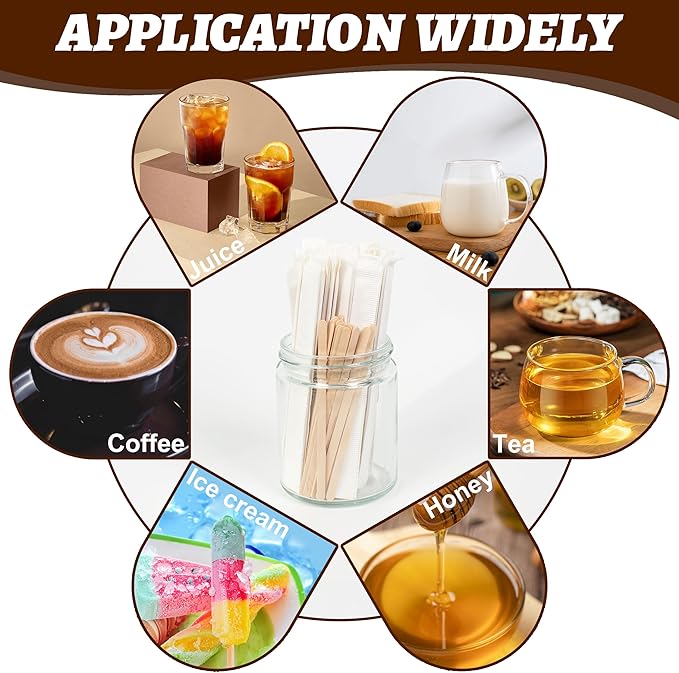 ANTETOK 100Pcs Wooden Coffee Stirrers Paper Wrapped 4.3Inch,Individually Wrapped Disposable Coffee Stir Sticks for Coffee,Tea,Cocktail and Hot Chocolate
