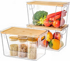 Criusia 3 Set Pantry Organizers and Storage with Bamboo Lids, Stackable Clear Bins for Onion, Potato, Fruit, Vegetables, Trash Bag Dispenser, Kitchen and Under Sink Organizer