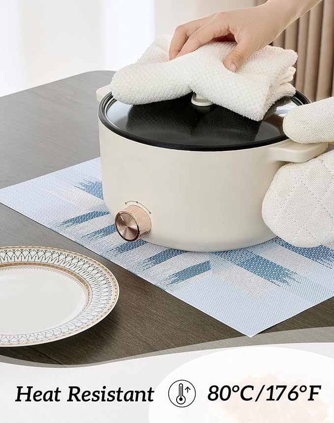 Leetaltree Geometric Print Blue Placemats Set of 6 - Heat Resistant Non-Slip Place mats for Dining Table, Washable Durable PVC Vinyl Woven Table Mats (Geometric Blue, 6)