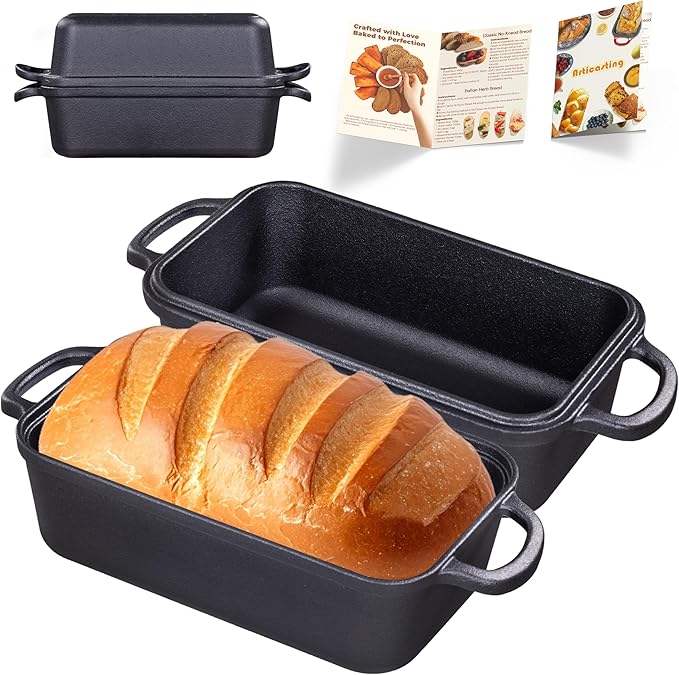 Cast Iron Loaf Pan with Lid 9×5 Inch, Bread Baking Pans, Even Heat Distribution for Sourdough, Pre-Seasoned Dutch Oven Loaf Pan for Homemade Bread