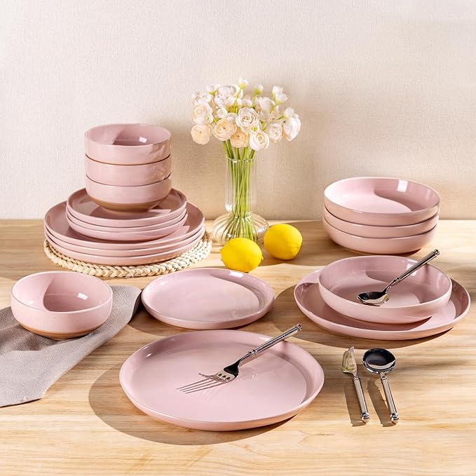 AmorArc Ceramic Dinnerware Sets for 8, 24 Pieces Handpainted Speckled Plates and Bowls Set with Rustic Terracotta Underside, Scratch Resistant Stoneware Dishes Set, Dishwasher & Microwave Safe, Pink