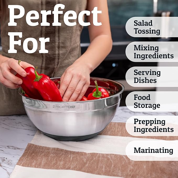 Priority Chef 6Pc Large Mixing Bowls With Lids Set with Non-Slip Bases, Stainless Steel Mixing Bowl Set, 6 Airtight Lids and 3 Graters, Grey