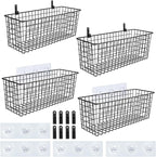 4 Set [EXTRA LARGE] Hanging Wall Mount Storage Baskets with Adhesive Hooks & Steel Hooks, Multiuse Sturdy Wire Metal Organizing Baskets for Home Kitchen Bathroom Pantry Utility Organizer, Black