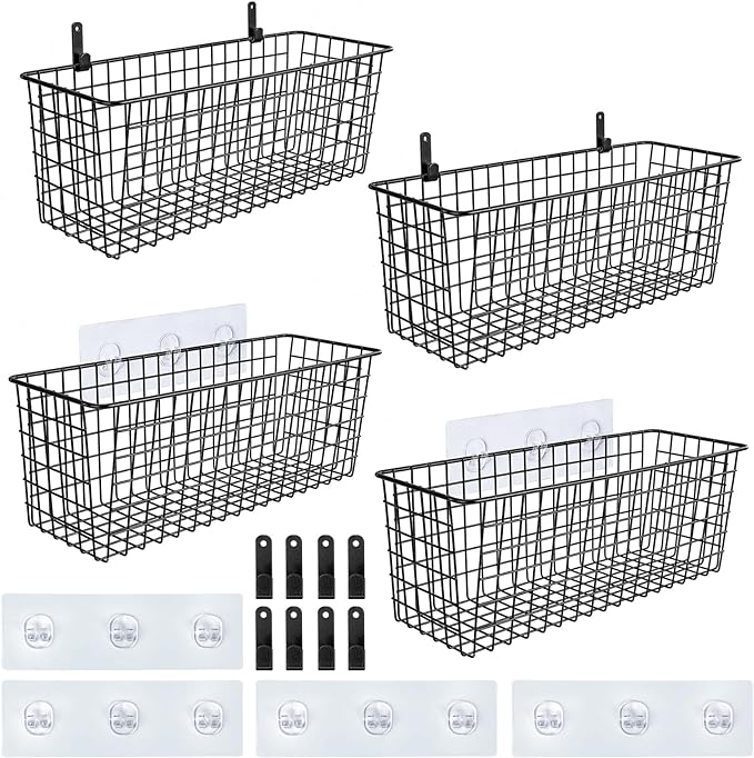 4 Set [EXTRA LARGE] Hanging Wall Mount Storage Baskets with Adhesive Hooks & Steel Hooks, Multiuse Sturdy Wire Metal Organizing Baskets for Home Kitchen Bathroom Pantry Utility Organizer, Black
