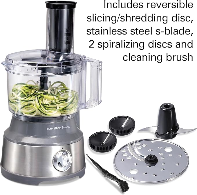 Hamilton Beach Food Processor & Vegetable Chopper for Slicing, Shredding, Mincing, and Puree, 10 Cups + Veggie Spiralizer makes Zoodles and Ribbons, Grey and Stainless Steel (70735)
