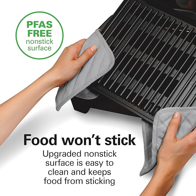 Hamilton Beach Electric Indoor Searing Grill with Viewing Window & Adjustable Temperature Control to 450F, 118 sq. in. Surface Serves 6, PFAS-Free Removable Nonstick Grate, Stainless Steel