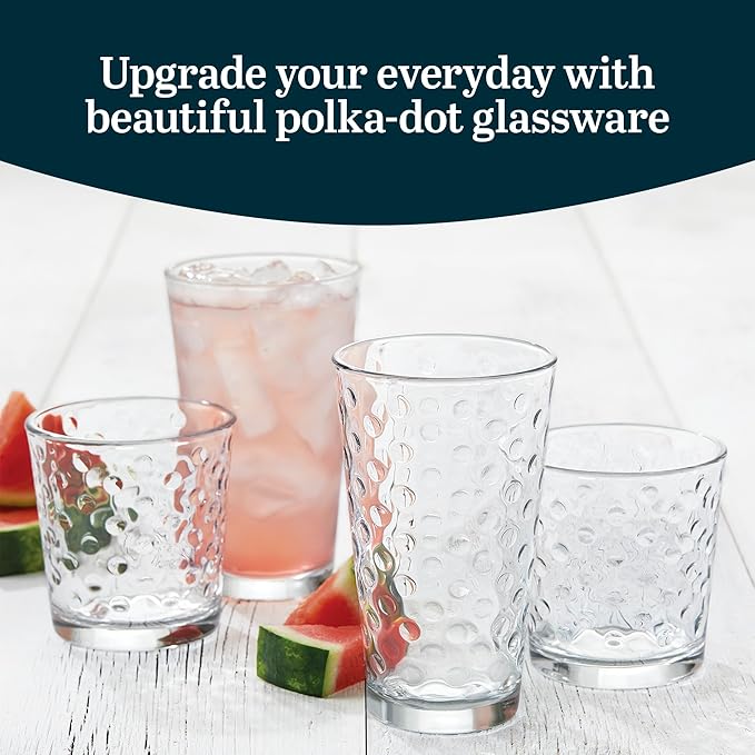 Libbey Awa Tumbler and Rock Glasses Drinking Set, Elegant Polka Dot Drinking Glasses Set of 16, All Purpose Glass Cups Set for Events and Everyday Use