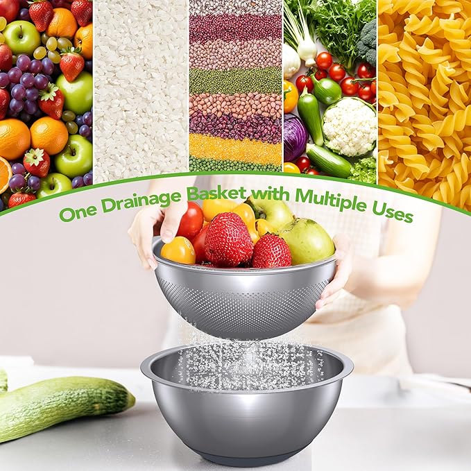 304 Stainless Steel Colander and Strainer, 5QT Large Capacity and 6QT Mixing Bowl, Micropore for Washing Rice, Fruit, and Cooked Pasta, Perfect Draining for Grain and Bean