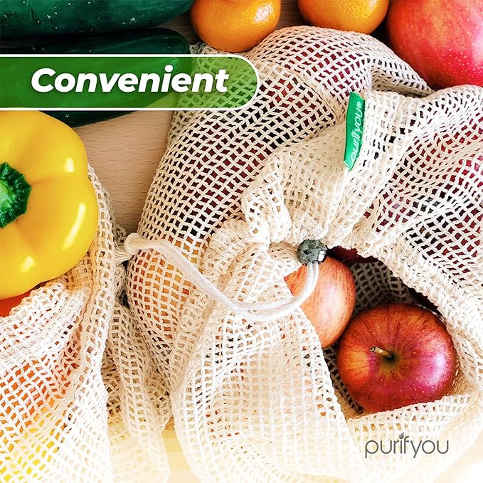 purifyou Set of 9 Reusable Organic Cotton Produce Bags – Heavy Duty Double-Stitched Mesh, Unbleached, Drawstring Closure – 2 XL (12x20), 5 L (12x14), 2 S (12x8)