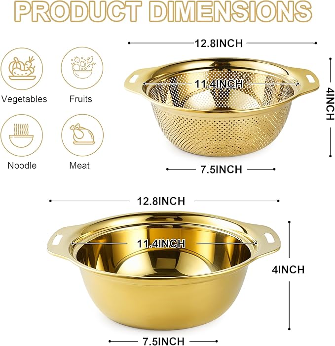 Colander 304 Stainless Steel 5-quart with Mixing Bowls, Strainer for Kitchen Food For washing vegetables, fruit, rice, Dishwasher Safe. (Gold 2PC)