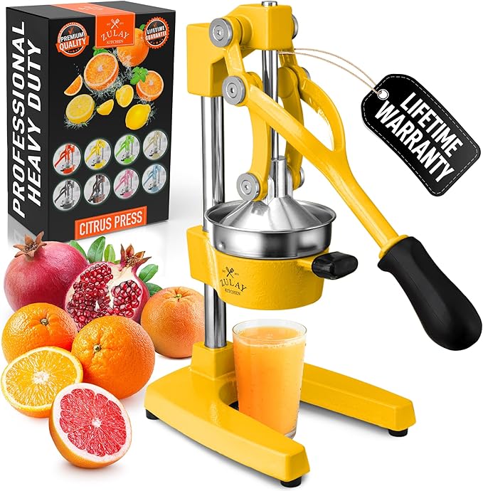 Zulay Kitchen Cast Iron Juicer - Easy-to-Clean Heavy-Duty Manual Juicer, Professional Citrus Juicer - Stainless Steel Lemon Squeezer - Manual Citrus Press & Orange Squeezer - Orange Juicer (Yellow)