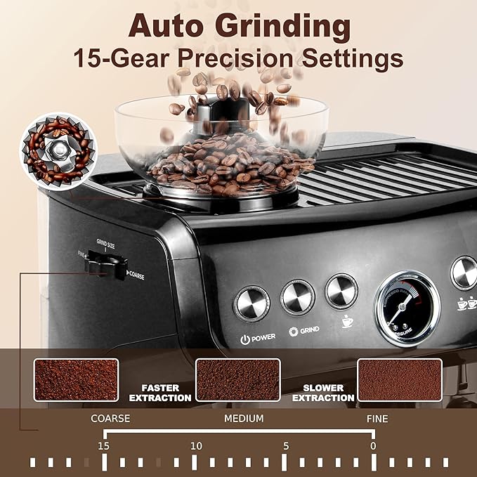 MIROX Espresso Machine 15 Bar, Coffee Maker With Milk Frother Steam Wand, Built-In Bean Grinder, Combo Cappuccino Machine with 70oz Removable Water Tank (ABS high-strength plastic shell)