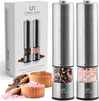 Electric Salt and Pepper Grinder Set - Stainless Steel Battery Operated Salt & Pepper Mills with Light (Pack of 2) - Automatic One Handed Operation Adjustable Ceramic Grinders